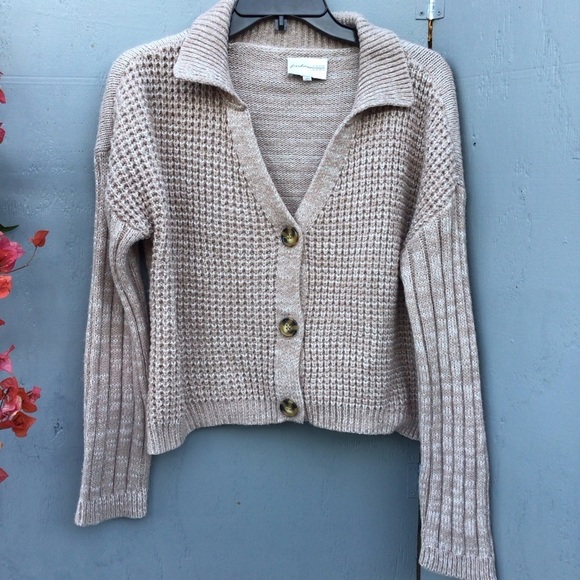 Freshman Tan Cardigan Sweater with Waffle Knit - Picture 1 of 9